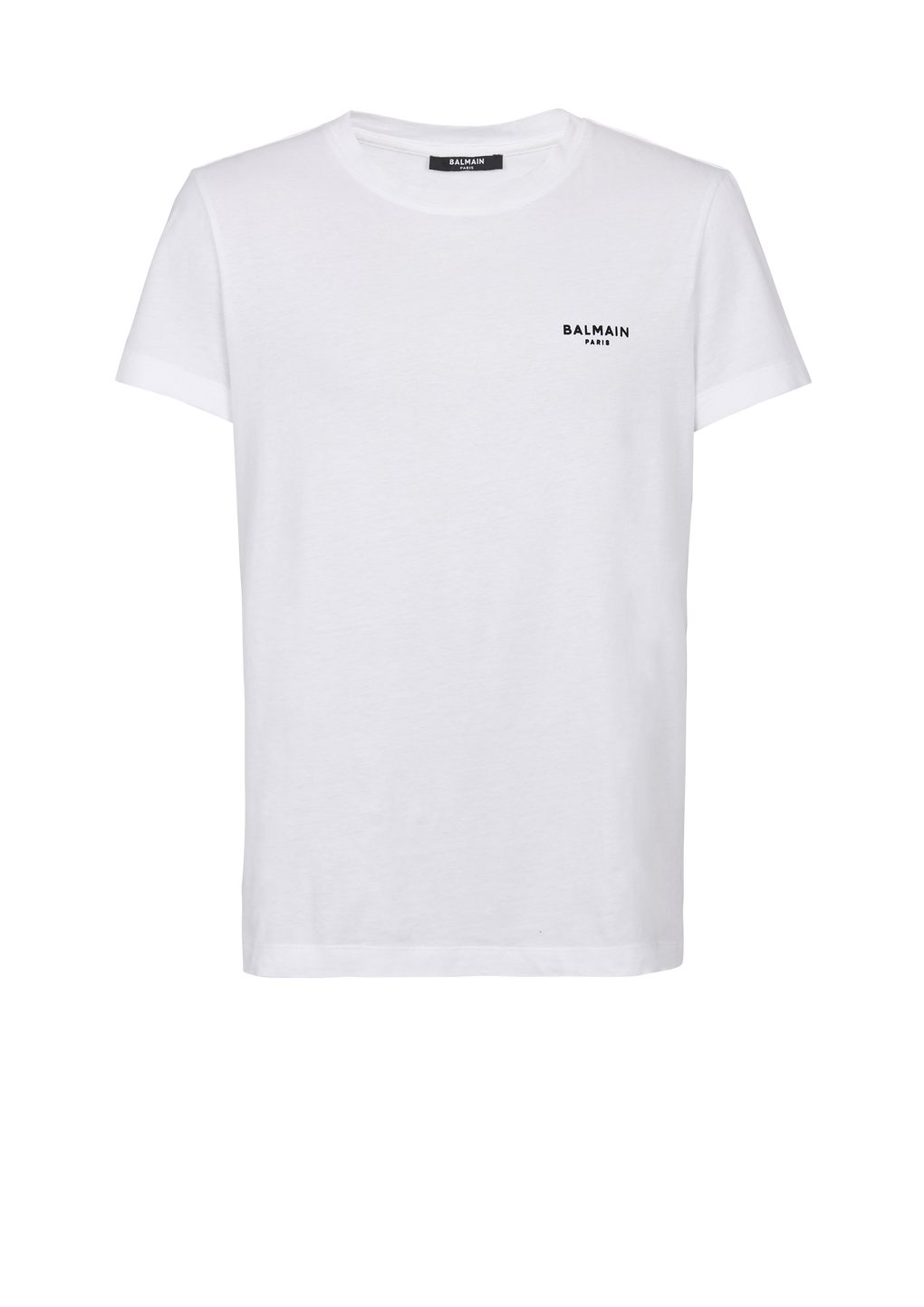 Eco-designed cotton T-shirt with small flocked Balmain Paris logo, white, hi-res