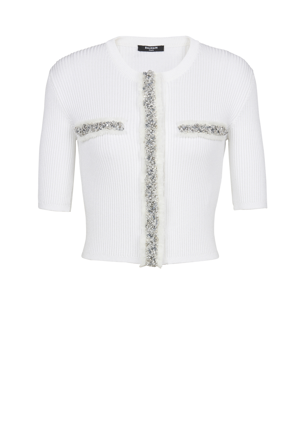 Embroidered cropped knit cardigan, white, hi-res