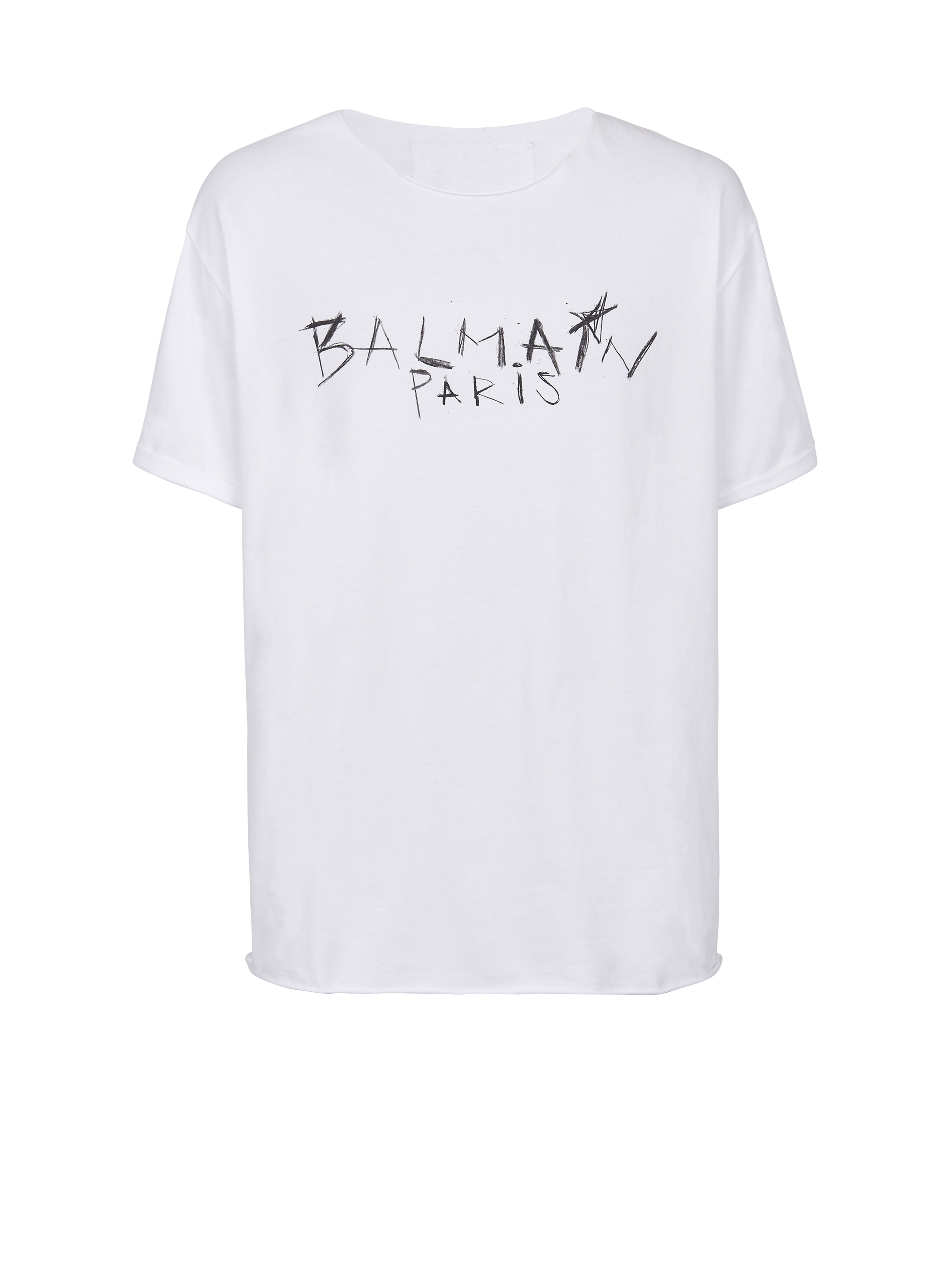 Cotton T-shirt with Balmain Paris graffiti logo print, white