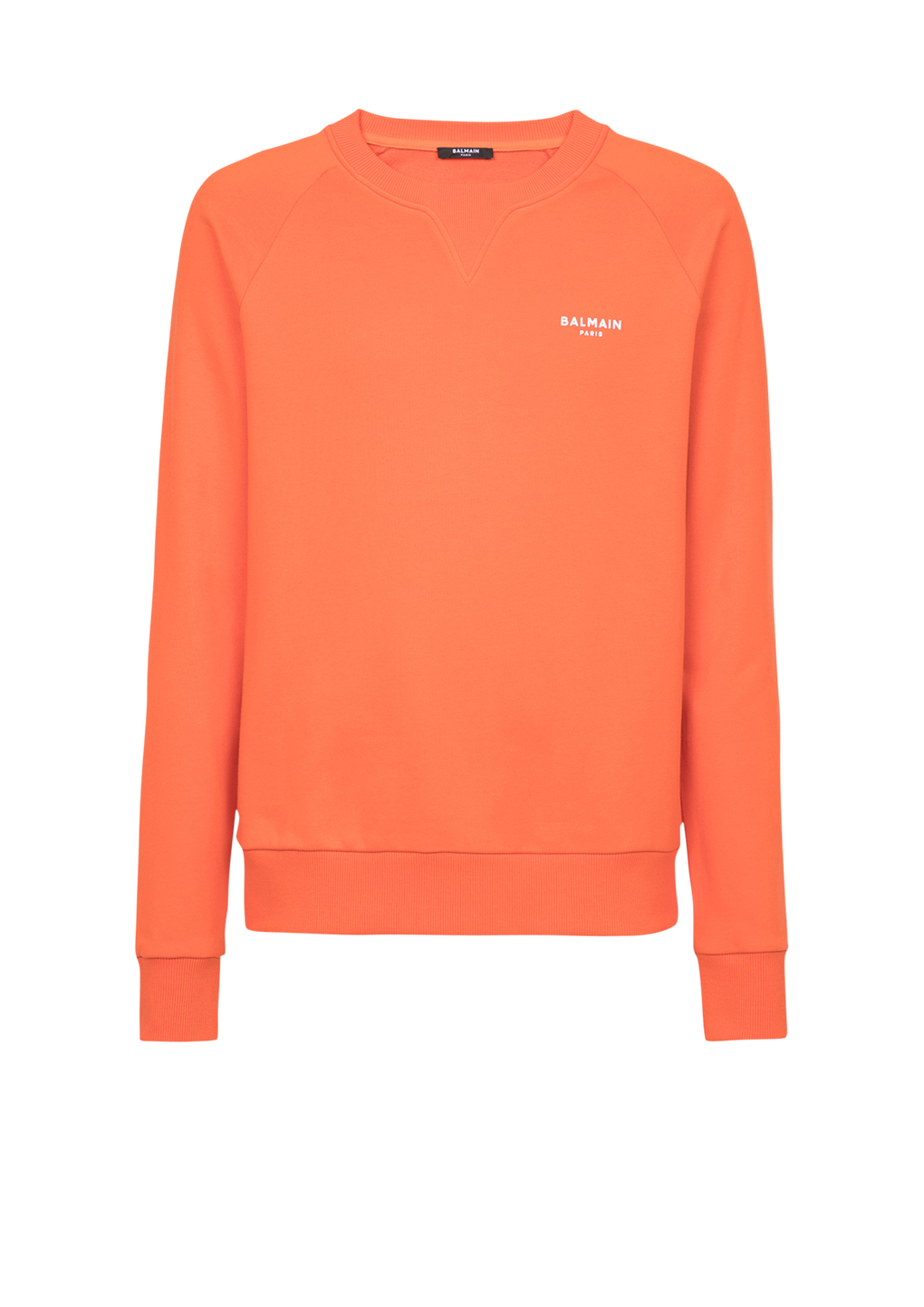 Eco-designed cotton sweatshirt with small flocked Balmain Paris logo, orange, hi-res