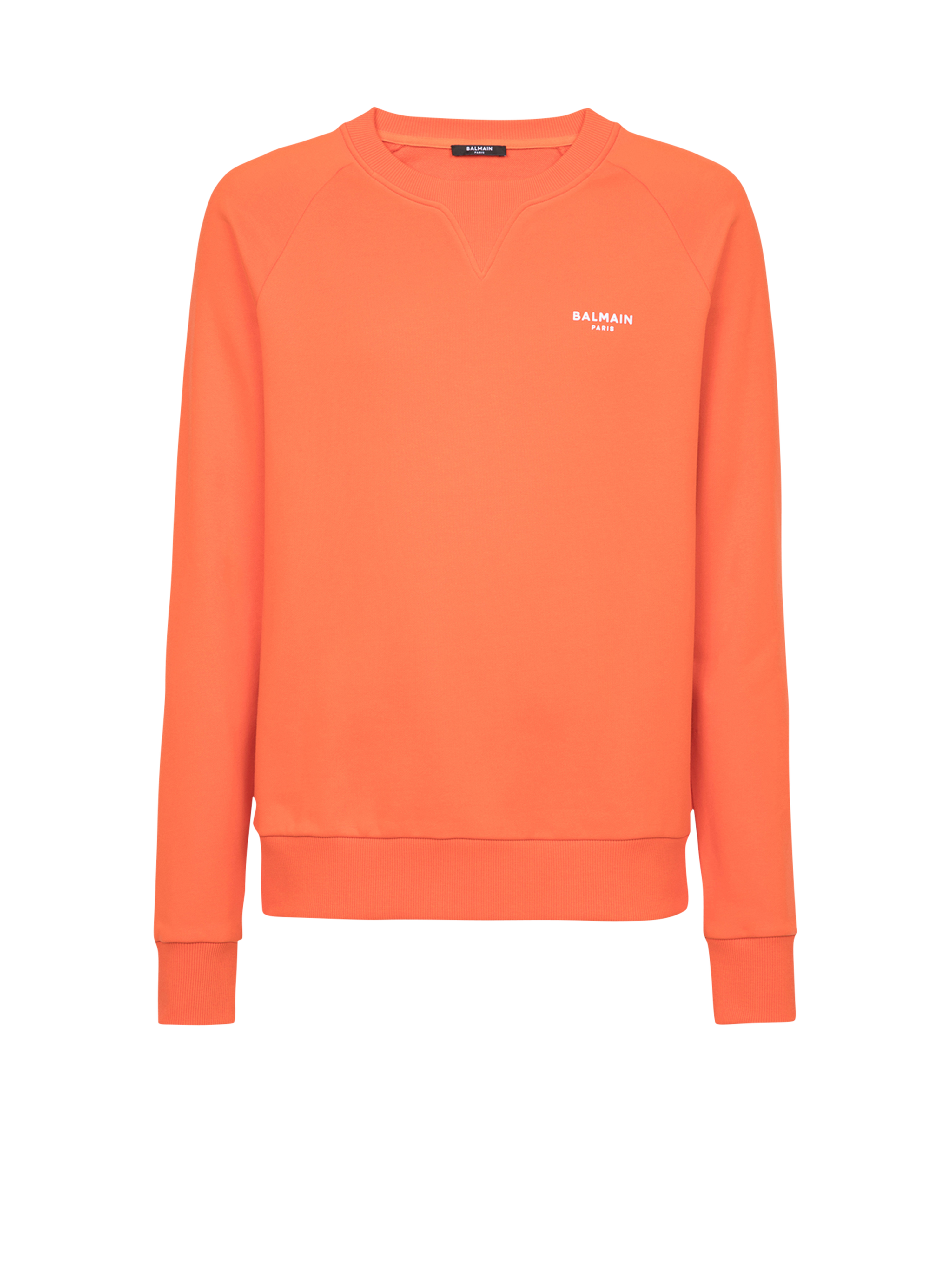 Eco-designed cotton sweatshirt with small flocked Balmain Paris logo, orange