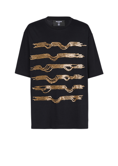 Embroidered cotton T-shirt with destroy stripes